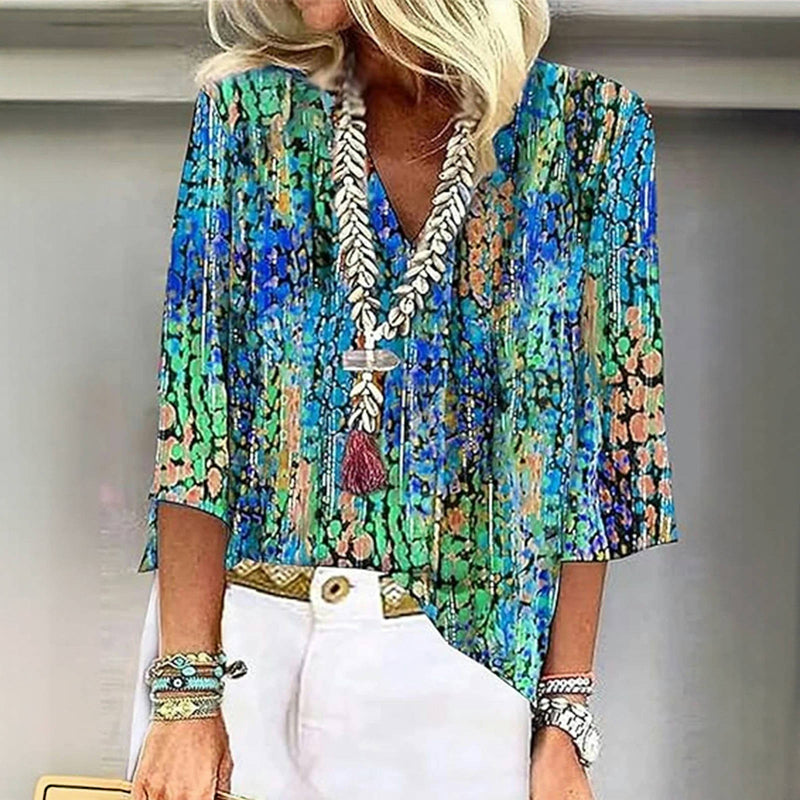 Printed V-Neck Blouse with Three-Quarter Sleeves